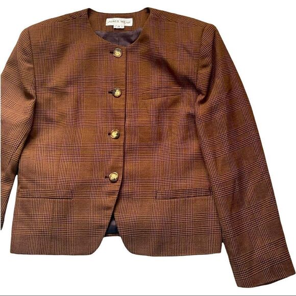 Jones Wear Brown Plaid Round Neck Blazer Sz 16 - Picture 4 of 14